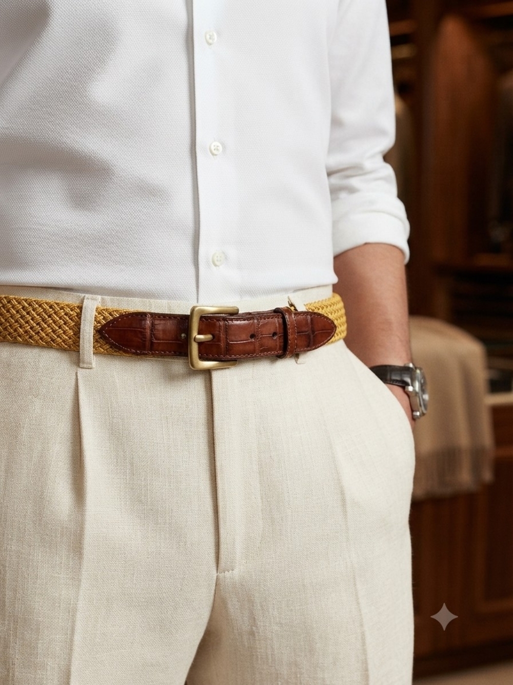 Martin Dingman Gold Woven Stretch Leather Trim Belt Size 42 Hand Made USA